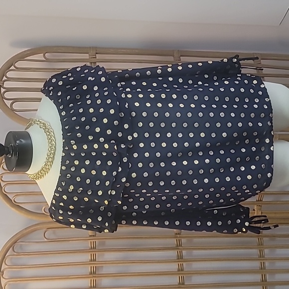 Michael Kors navy blue gold medallion print blouse ruffles bows sz XL sheer - Picture 1 of 10